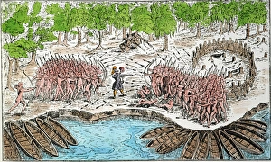 SAMUEL DE CHAMPLAIN. Champlain (center), with two French harquebusiers (top) and friendly Algonquins (left) defeat an Iroquois war party at the present site of Ticonderoga on Lake Champlain, 29 July 1609. Color engraving from Champlains Voyages (1613) SAMUEL DE CHAMPLAIN. Champlain (center), with two French harquebusiers (top) and friendly Algonquins (left) defeat an Iroquois war party at the present site of Ticonderoga on Lake Champlain, 29 July 1609. Color engraving from Champlains Voyages (1613)