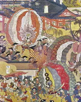 Samurai carry a large replica of their shield during the Gion Festival, Tokyo, Japan Samurai carry a large replica of their shield during the Gion Festival, Tokyo, Japan