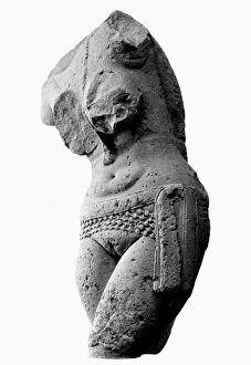 Sandstone sculpture fragment of a Yakshini, a benevolent tree spirit in Sanskrit mythology