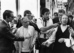 Jean Collection: SARTRE & BEAUVOIR, 1970. Jean-Paul Sartre and Simone de Beauvoir speaking to reporters in Paris