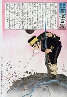 A satirical Japanese cartoon depicting a giant Japanese soldier standing on top of China A satirical Japanese cartoon depicting a giant Japanese soldier standing on top of China