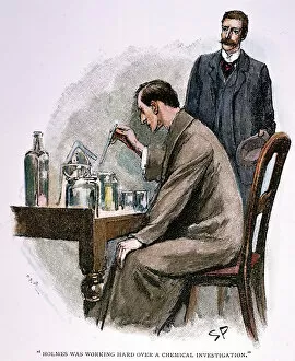 Investigation Gallery: SHERLOCK HOLMES. Dr. John Watson observing Sherlock Holmes working hard over a