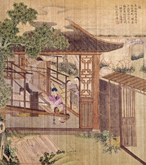 Silk weaving on a wooden loom. Chinese silk painting, c1650-1726 Silk weaving on a wooden loom. Chinese silk painting, c1650-1726