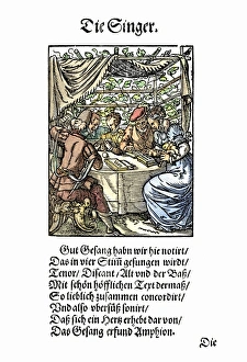 SINGERS, 1568. A group of singers rehearsing a piece from a courtly text. Woodcut SINGERS, 1568. A group of singers rehearsing a piece from a courtly text. Woodcut