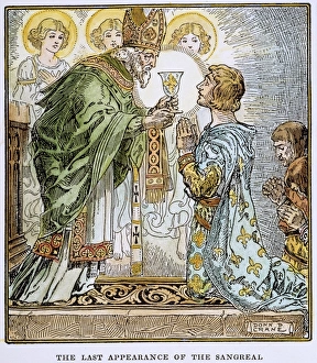 Wood engraving print of Sir Galahad kneeling before the Holy Grail