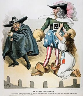 SPANISH-AMERICAN WAR, 1896. The Cuban Melodrama. American cartoon by C. Jay Taylor, 1896, casting Uncle Sam as the hero