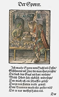 SPUR MAKER, 1568. A maker of spurs and bits in his workshop SPUR MAKER, 1568. A maker of spurs and bits in his workshop