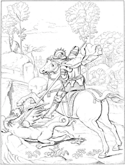 ST. GEORGE AND THE DRAGON. Etching, 19th century, after Raphael ST. GEORGE AND THE DRAGON. Etching, 19th century, after Raphael