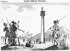 ST. SIMEON STYLITES (390-459). Syrian ascetic. Etching, French, early 19th century ST. SIMEON STYLITES (390-459). Syrian ascetic. Etching, French, early 19th century