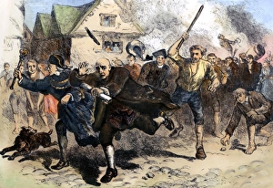 STAMP ACT, 1765. Lieutenant-Governor Thomas Hutchinson flees from rioters protesting the Stamp Act at Boston STAMP ACT, 1765. Lieutenant-Governor Thomas Hutchinson flees from rioters protesting the Stamp Act at Boston