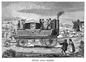 STEAM CARRIAGE. 'Steam versus Horses.' English caricature comparing the ease of STEAM CARRIAGE. 'Steam versus Horses.' English caricature comparing the ease of