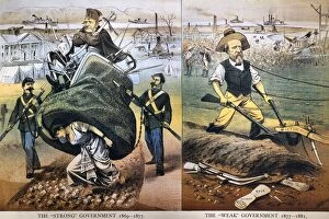 The Strong Government/The Weak Government. American cartoon, 1880, comparing the Reconstruction policies of President