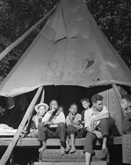 SUMMER CAMP, 1943. Campers in a tent at Camp Nathan Hale, an interracial summer SUMMER CAMP, 1943. Campers in a tent at Camp Nathan Hale, an interracial summer