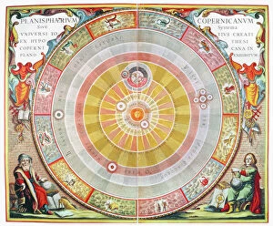 Theory Gallery: With the sun at the center; Copernicus appears at lower right and Ptolemy at lower left