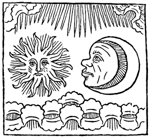 SUN AND MOON, 1480. Decorative faces of the sun and the moon discussing the powers SUN AND MOON, 1480. Decorative faces of the sun and the moon discussing the powers