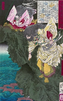 Susanoo no Mikoto, Shinto god of storms, standing by a woman on the edge of a cliff Susanoo no Mikoto, Shinto god of storms, standing by a woman on the edge of a cliff