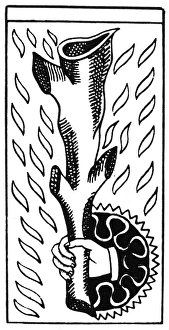 TAROT CARD: ACE OF RODS. The Ace of Rods (Action). Woodcut, French, 16th century TAROT CARD: ACE OF RODS. The Ace of Rods (Action). Woodcut, French, 16th century