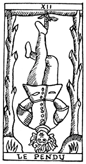 TAROT CARD: HANGED MAN. The Hanged Man. Woodcut, French, 16th century TAROT CARD: HANGED MAN. The Hanged Man. Woodcut, French, 16th century