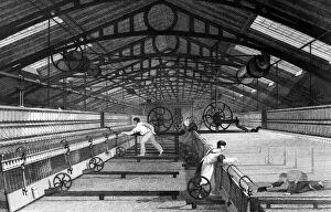 TEXTILE MANUFACTURE, 1834. Mule spinning in a cotton textile mill. Line engraving