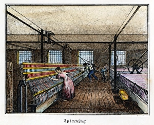 TEXTILE MANUFACTURE, c1836. Mule spinning TEXTILE MANUFACTURE, c1836. Mule spinning