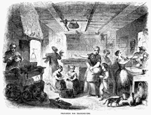 THANKSGIVING, 1855. 'Preparing for Thanksgiving.' Wood engraving, American, 1855 THANKSGIVING, 1855. 'Preparing for Thanksgiving.' Wood engraving, American, 1855