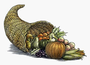 Thanksgiving Gallery: THANKSGIVING: CORNUCOPIA. Wood engraving, 19th century