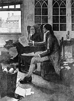 Thomas Jefferson reading his rough draft of the Declaration of Independence to Benjamin Franklin, 1776