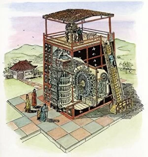 tower built in the 11th century. Water-driven gears rotate an armillary sphere and a celestial globe