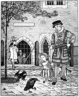 TOWER OF LONDON: RAVENS. Children at the Tower. Illustration by Thomas Crane, 1880s TOWER OF LONDON: RAVENS. Children at the Tower. Illustration by Thomas Crane, 1880s