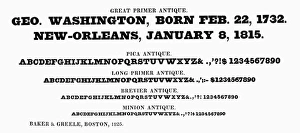 TYPOGRAPHY, 1825. Great primer antique, a typeface from the catalog of Baker & Greele TYPOGRAPHY, 1825. Great primer antique, a typeface from the catalog of Baker & Greele