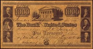 Bank Of The United States Collection: U. S. BANK BANKNOTE, 1840. One thousand dollar banknote issued in 1840 by The Bank