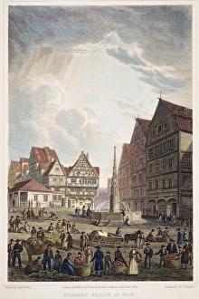 ULM MARKETPLACE, 1821. View of the market place at Ulm, Germany: steel engraving, 1821 ULM MARKETPLACE, 1821. View of the market place at Ulm, Germany: steel engraving, 1821