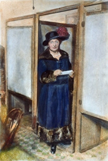 An unidentified woman with her ballot at a voting booth in New York City: oil over a photograph, 1920 An unidentified woman with her ballot at a voting booth in New York City: oil over a photograph, 1920