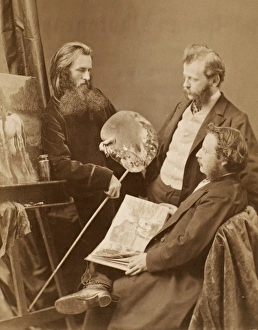 UNKNOWN ARTISTS. Three artists discussing a sketch. Studio photograph, 19th century UNKNOWN ARTISTS. Three artists discussing a sketch. Studio photograph, 19th century