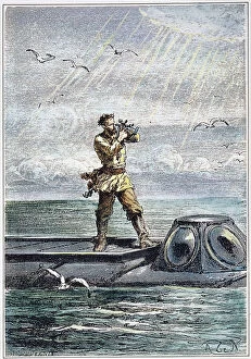 Images Dated 16th April 2010: VERNE: 20, 000 LEAGUES, 1870. Captain Nemo atop the Nautilus taking the altitude of the sun