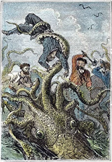 VERNE: 20, 000 LEAGUES, 1870. One of Captain Nemos sailors seized by a giant cuttlefish