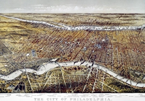 VIEW OF PHILADELPHIA. Birds eye view of Philadelphia. The Delaware River is at the top VIEW OF PHILADELPHIA. Birds eye view of Philadelphia. The Delaware River is at the top