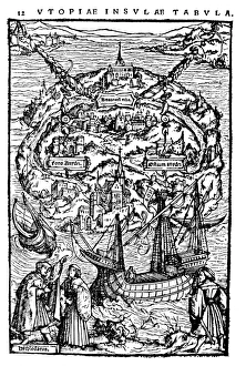 THE VIEW OF UTOPIA. Woodcut, probably by Ambrosius Holbein, from Sir Thomas Mores Utopia THE VIEW OF UTOPIA. Woodcut, probably by Ambrosius Holbein, from Sir Thomas Mores Utopia