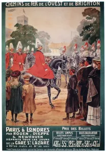 Prints of LONDON: HORSE GUARDS. Crowds admiring the Horse Guards at St. James Park in London, England, on a French railway poster of 1908 promoting travel between Paris and London Event Prints: Print of Crowds Admiring the Horse Guards at St. James Park in London