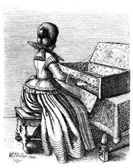 VIRGINAL, 1635. Lady playing a virginal. Etching, 1635, by Wenceslaus Hollar VIRGINAL, 1635. Lady playing a virginal. Etching, 1635, by Wenceslaus Hollar
