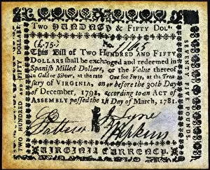 Virginia two hundred and fifty dollar banknote, 1781. The rate of One for Forty indicates the high inflation resulting