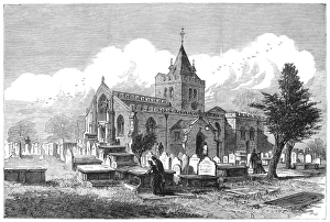 WALES: HAWARDEN CHURCH. Church and cemetery at Hawarden, Wales. Wood engraving, 1840 WALES: HAWARDEN CHURCH. Church and cemetery at Hawarden, Wales. Wood engraving, 1840