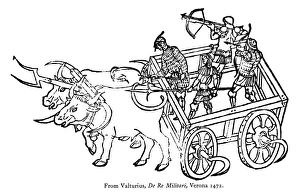 WARRIORS, 1472. Soldiers with spears and crossbows in an armored, ox-drawn cart WARRIORS, 1472. Soldiers with spears and crossbows in an armored, ox-drawn cart