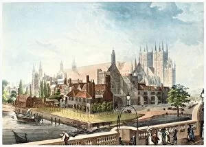 WESTMINSTER ABBEY, 1819. View of Westminster Abbey and adjacent buildings as they appeared prior to the disastrous fire of 1834. Aquatint, 1819, by Rudolph Ackermann