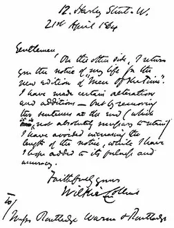 Images Dated 12th December 2006: WILLIAM WILKIE COLLINS (1824-1889). English novelist. Autograph letter to the London publisher
