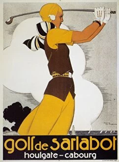 Woman golfer featured on a French tourist poster for the Brittany resort area, c1930, by Rene Vincent