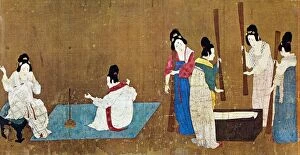 Women drawing out silk threads (left) and beating silk fibers in a trough with flails. Detail from Court Ladies Preparing Newly-woven Silk, a painted silk handscroll attributed to Emperor Hui Tsung, Sung Dynasty, early 12th century, after a work by a T'ang Dynasty artist of the 8th century