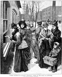 Women voting at the polls in Cheyenne, Wyoming, in the presidential election of 1888. Contemporary wood engraving