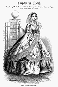 WOMEN'S FASHION, 1860. Promenade Costume. Fashion illustration from an American WOMEN'S FASHION, 1860. Promenade Costume. Fashion illustration from an American