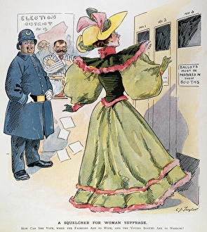 WOMEN'S RIGHTS CARTOON. A Squelcher for Woman Suffrage. American cartoon, 1894, by C WOMEN'S RIGHTS CARTOON. A Squelcher for Woman Suffrage. American cartoon, 1894, by C